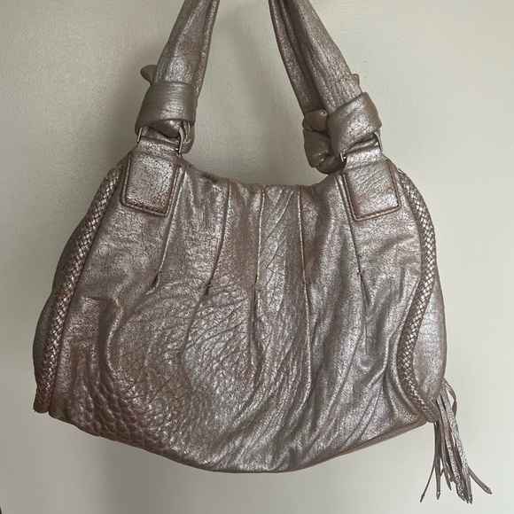 Cole Haan Metallic Beige Leather Pleated Hobo Purse Tassel - Picture 9 of 16